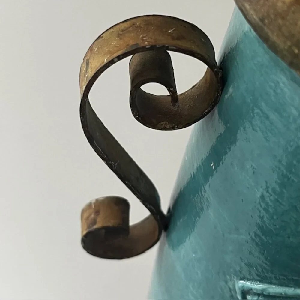 Glazed Ceramic Planter Vase Distressed Rustic Tuscan Scroll Metal Handles Aqua
